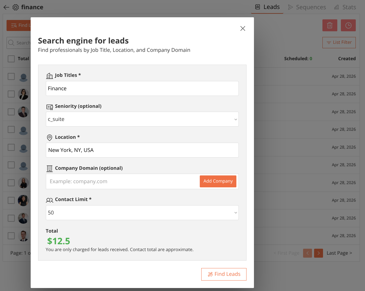 Find. Search by job title, seniority, location, or company domain.