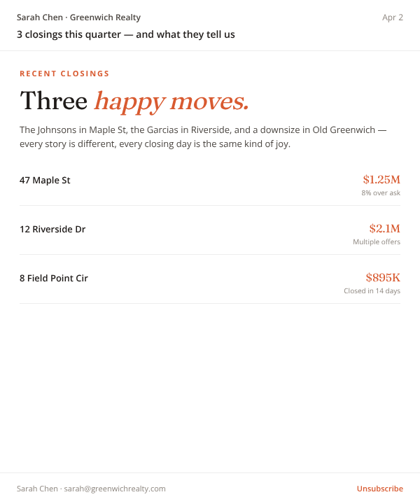 Recent Closings newsletter template